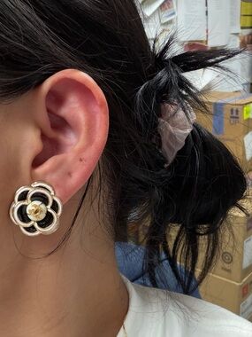 Gold and Cream Camellia Flower Clip-On Earrings